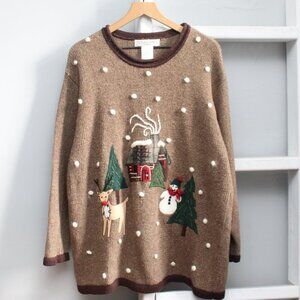 Victoria Jones VTG Brown Christmas Cottage Snowman Knit Crewneck Sweater 1X